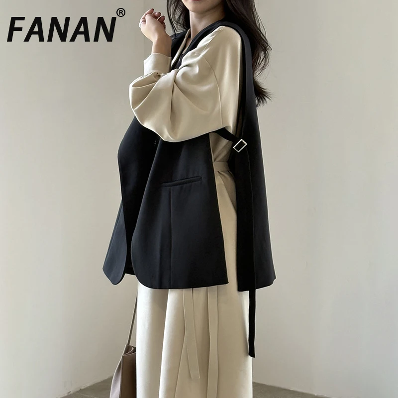 FANAN Women Irregular Lapel Suit Vest Sleeveless Side Strap Adjustable Design Loose Fit Casual Commuter Waistcoat Coat New