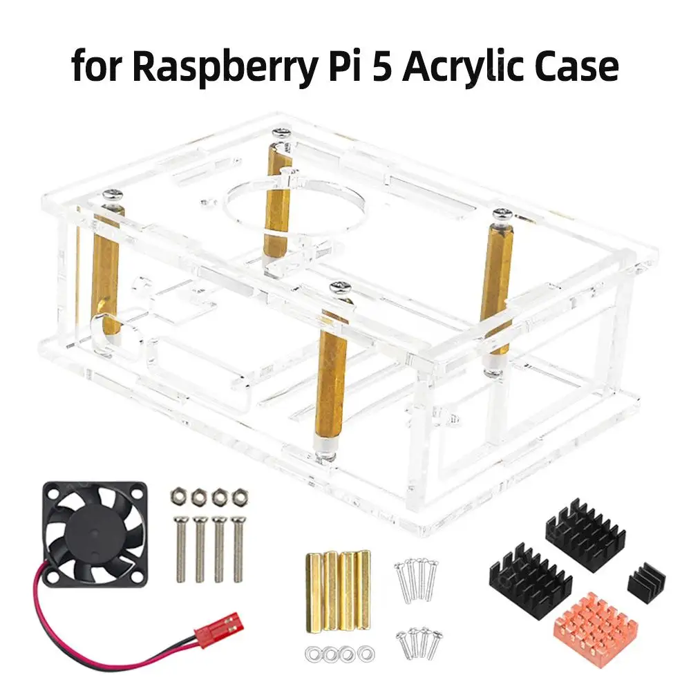 

Acrylic Case Copper Aluminium Heatsinks Transparent Development Board Protective Shell Heat Dissipation Fan for Raspberry Pi 5