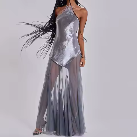 Sleeveless Off Shoulder Mesh Spliced Dress Elegant Feather Hollow Out Halter Evening Dress Summer Solid Color Slim Dresses