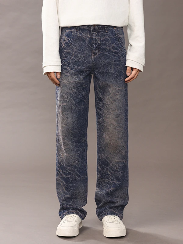 

Мужские джинсы в американском ретро-стиле, со средней посадкой, свободного кроя, для повседневной носки зимой, с эффектом потертости, осенне-зимние, свободные, прямого кроя.