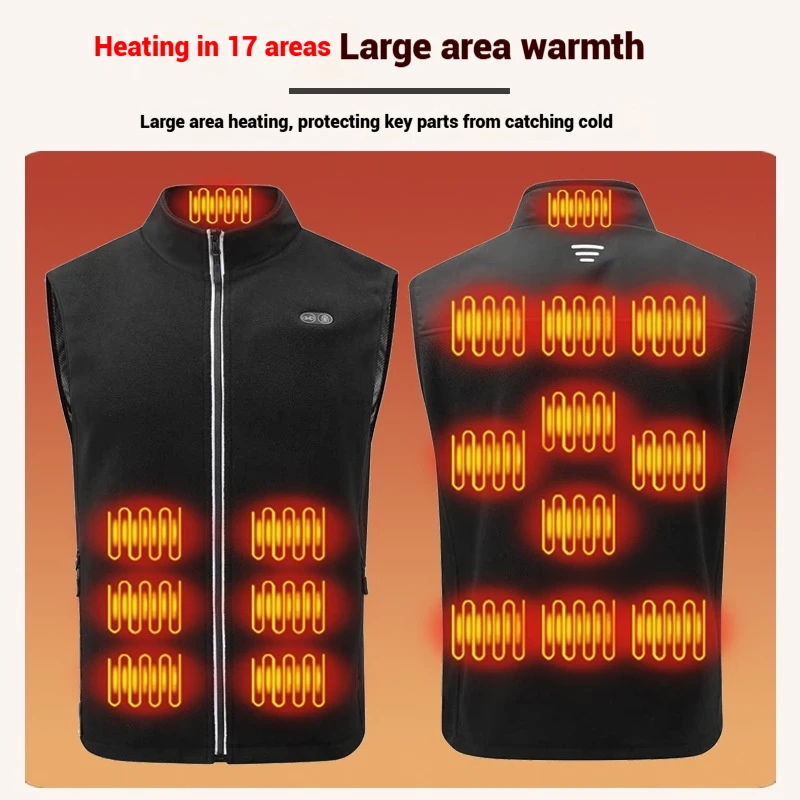 USB-Heizweste für Herren und Damen, elektrische Thermojacke, Polarfleece, Stehkragen, winddicht, reflektierender Reißverschluss, Outdoor-Sport – Detail 3