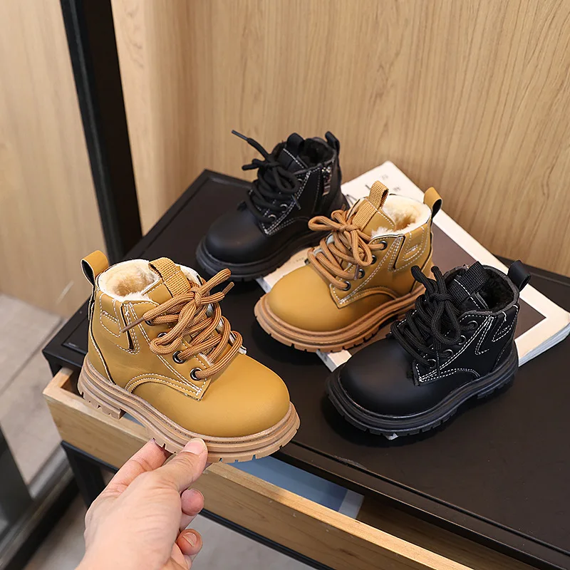 

New Children's Fashion Boots Winter Thickened Boys Girls' Anti Slip Warm Leather Boots Side Zipper Solid Color Kids Casual Shoes