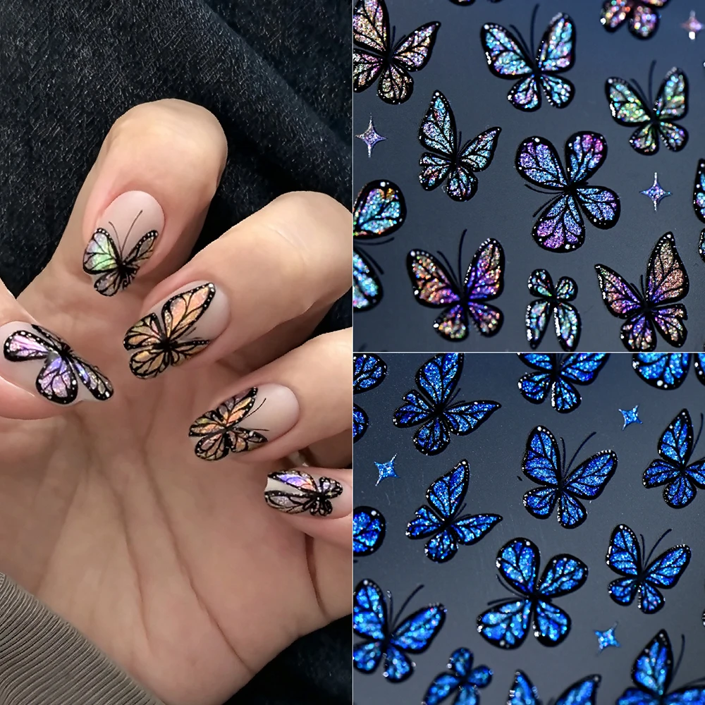 1 Stück 5D Traumhafte Laser-Glitzer-Schmetterling-Nagelaufkleber Glänzende Holographische Blaue Schmetterling-Nagelsticker Selbstklebende Maniküre-Zubehör – Detail 1