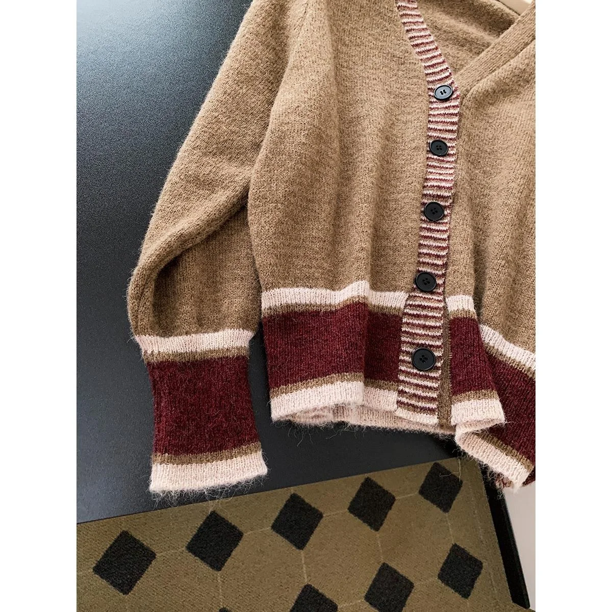 الرجعية الأمريكية الربط اللون بلو مخطط محبوك سترة مفتوحة المرأة سترة 2025 ربيع جديد Sle 00% الصوفية Jaet #4