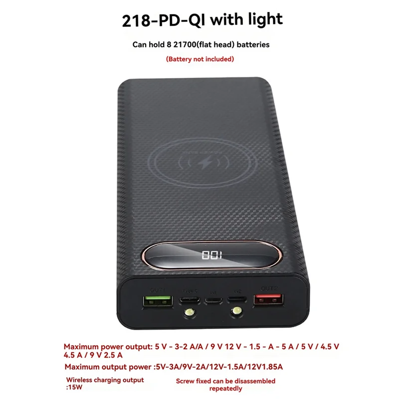 A003 Power Bank DIY Shell Case Battery Charger Box With Lighting Function 8X21700 Battery Shell Storage Organize 22.5W+15W