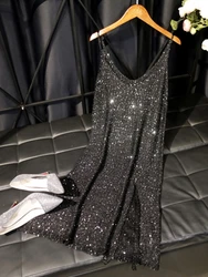 Goddess Glitter Suspender Dress European Style Double V-neck Sexy Korean Fashion Slit Gown Dresses 2022 Summer Dress New