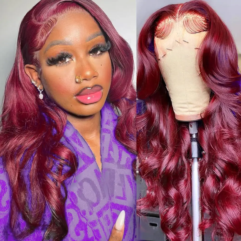 Burgundy 99J Body Wave 13x6 HD renda depan Wig warna merah transparan renda Frontal Wig Remy rambut manusia Brasil untuk WANITA HITAM