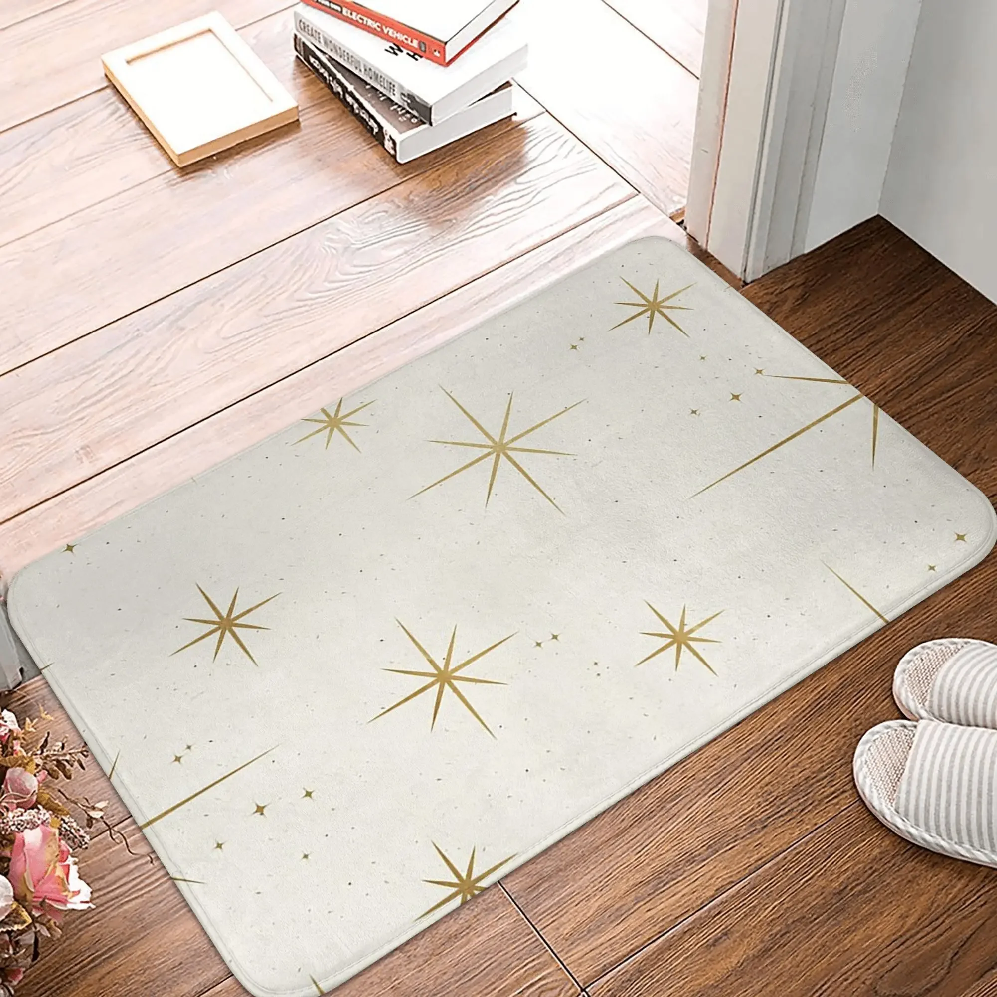 Gold Art Deco Stars Pattern Astronomical Vintage Style White Background Anti-slip Doormat Floor Mat Home Balcony Footpad Mats