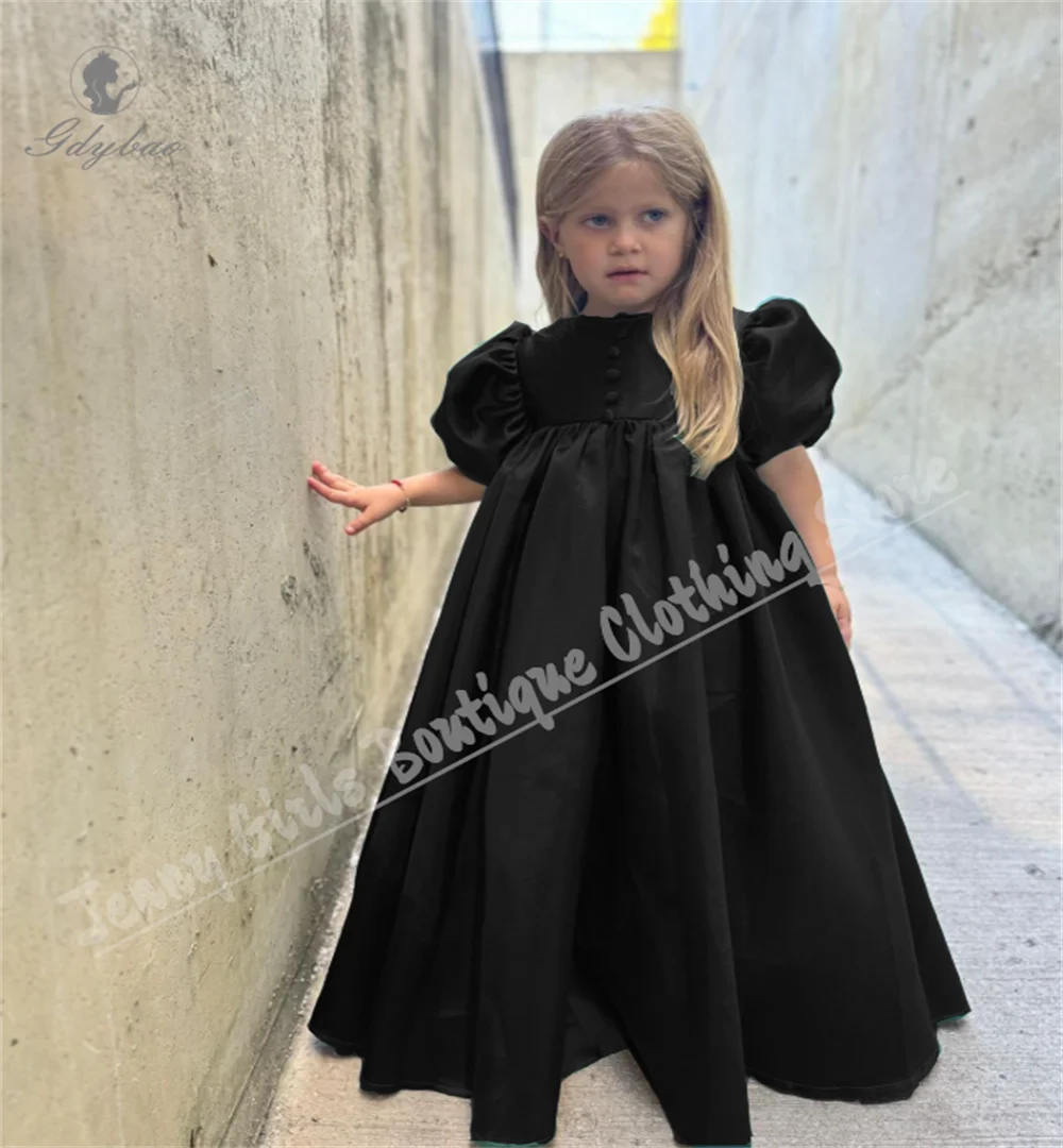 فستان فتاة الزهور من الساتان الأنيق منتفخ باللون الأحمر لحفلات الزفاف بأكمام قصيرة منتفخة بطول الأرض فستان عيد ميلاد للأطفال الصغار #3