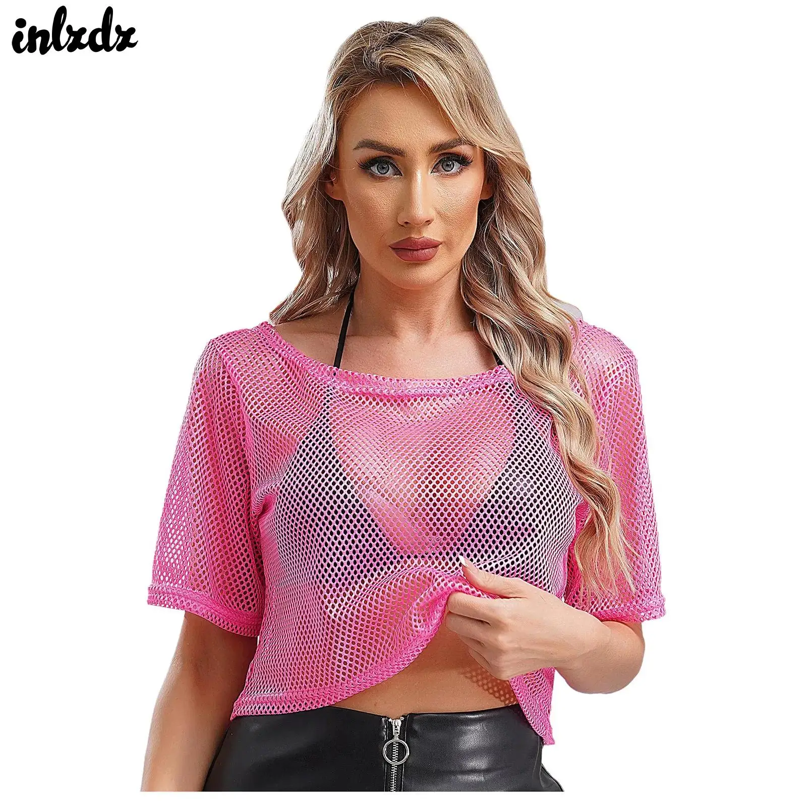 Womens 80s Disco Fishnet T-shirt Hollow Out Mesh Crop Top Round Neck Short Sleeve Camisole Tops Cover-up for Pole Dancing Party