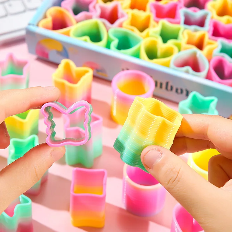 8pcs Mini Various Shapes Rainbow Spring Circle Toy Slinky Coil Fidget Toy Party Favor Goodie Bag Stuffer Stress Relief Supplies