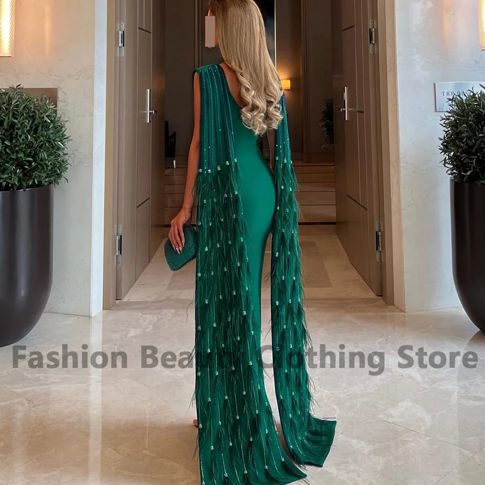 Mermaid Partyes Dress Beaded Feather High Split Dubai Vestidos De Gala Ankle-Length Women's Sexy Jersey Vestidos Para Mujer Gala