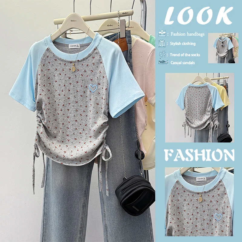 

Chic Floral Insert Short Sleeve T-Shirt Sweet Style Women's Fashionable Top Summer round Neck Pullover Sweetness Youthful