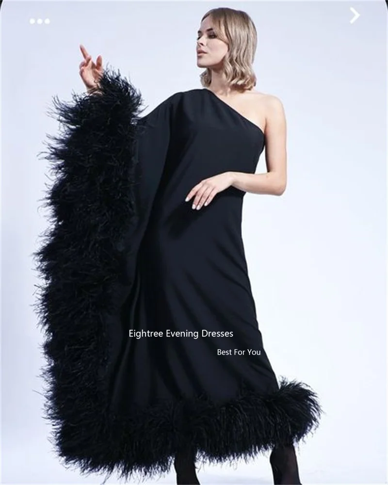 Eightree Vintage Black Evening Dresses One Shoulder Feathers Stain Abendkleider Dubai Robe De Soirée Formal Occasion Dress 2023