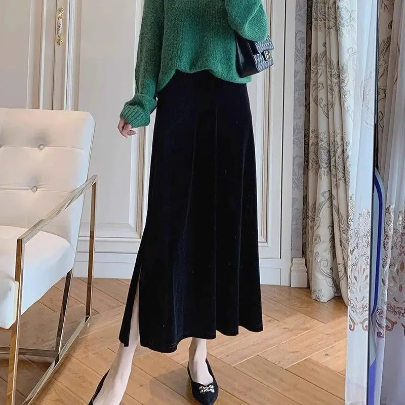 

2024, зимняя новая тонкая модная универсальная юбка с высокой талией для женщин, простая повседневная черная юбка с высокой талией Midi Saias A669