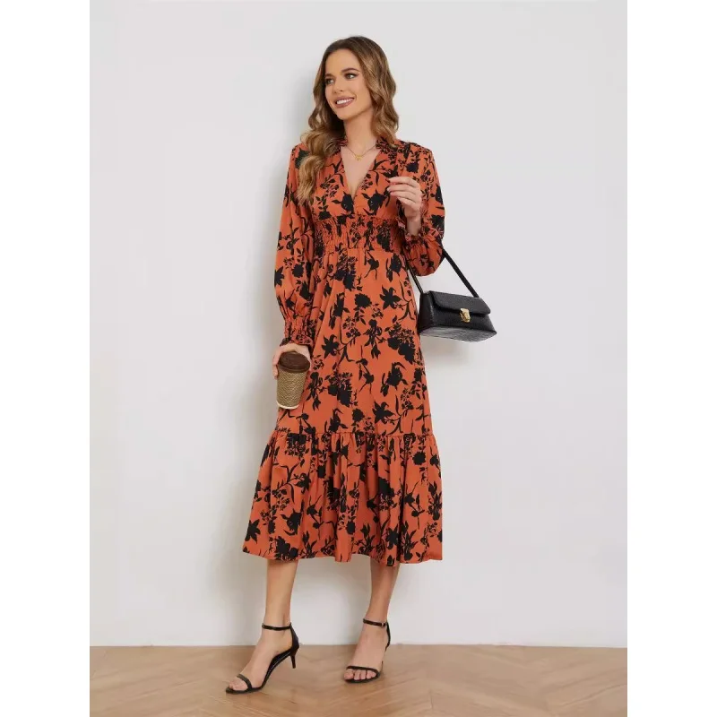 Women's High Waist Floral Dress, NewVCollar, Long Sleeve, Independent Station Supply, Spring and Summer