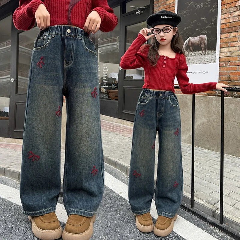    Mädchen Gerade Jeans Kinder Frühling Herbst Weite Hosen Teenager Kinder Mode Denim-Hosen Lässige Jogginghosen mit Schleifen
