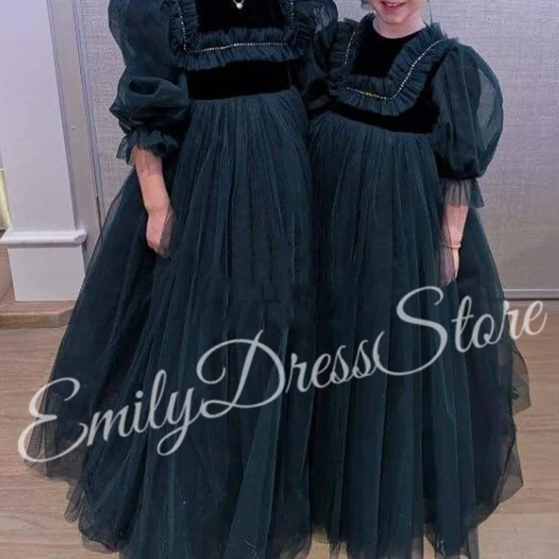 

Customized Navy Blue Flower Girl Dress For Wedding Tulle Puffy Applique 3/4 Sleeves Baby Kids Birthday First Communion Gown