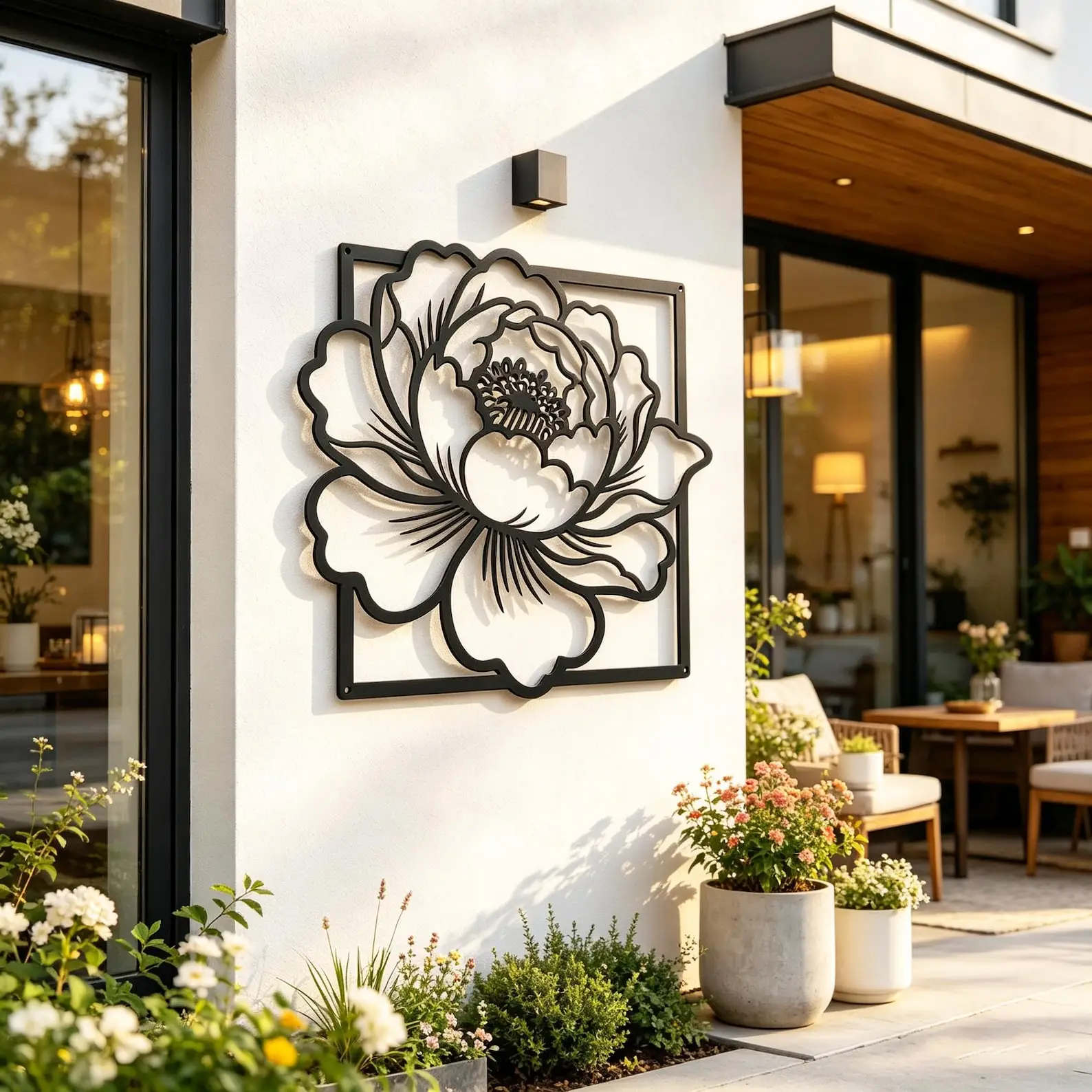 Flat Peony Flower Metal Wall Art, Laser‑Cut Iron Silhouette, Powder‑Coated Rust‑Resistant Elegant Square Floral Wall Decor