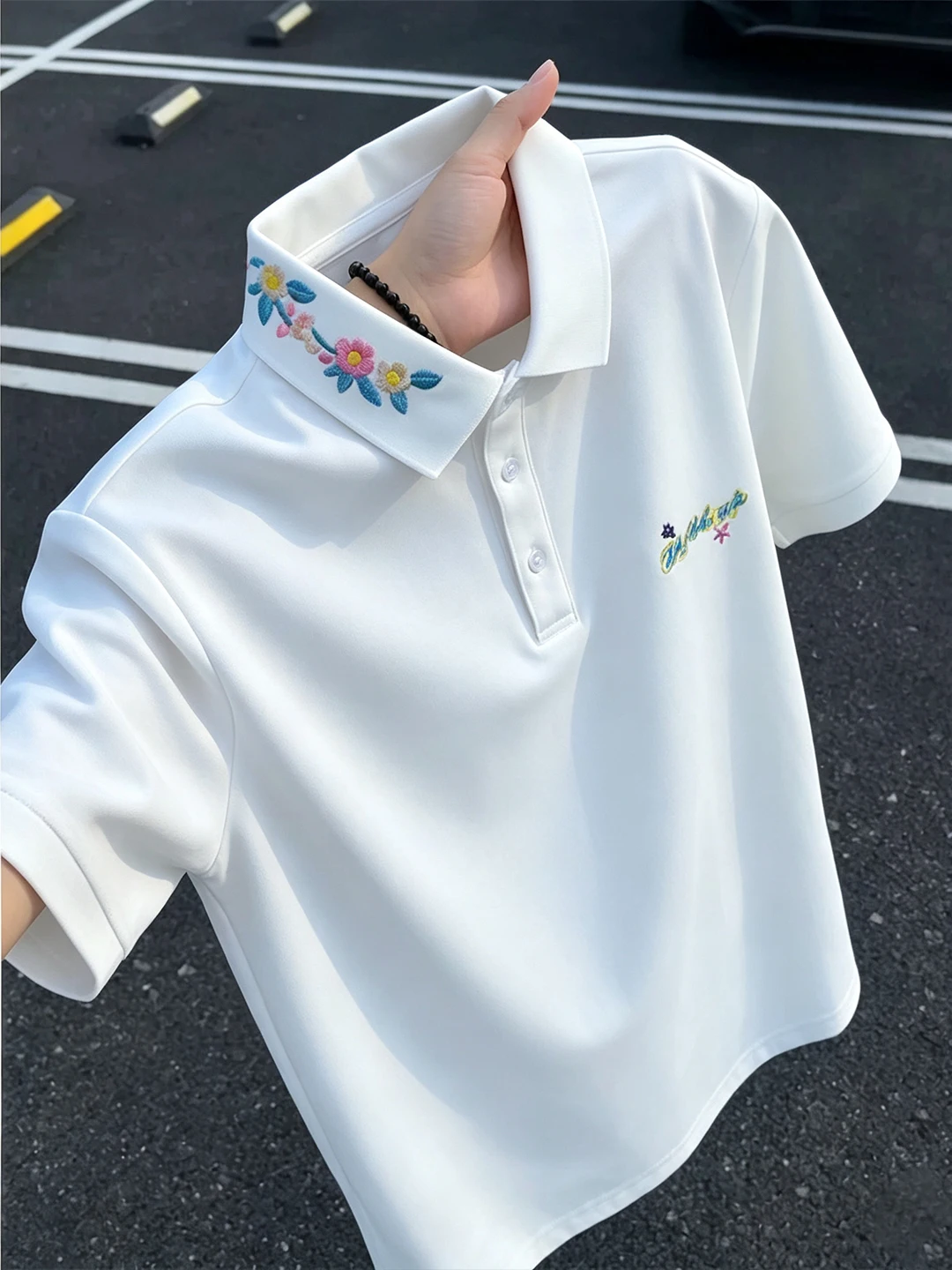 White Floral Embroidery Short Sleeve  Shirt Men's Summer Shoulder Flip Collar T-Shirt Lightweight Mature Style Half Sleev...