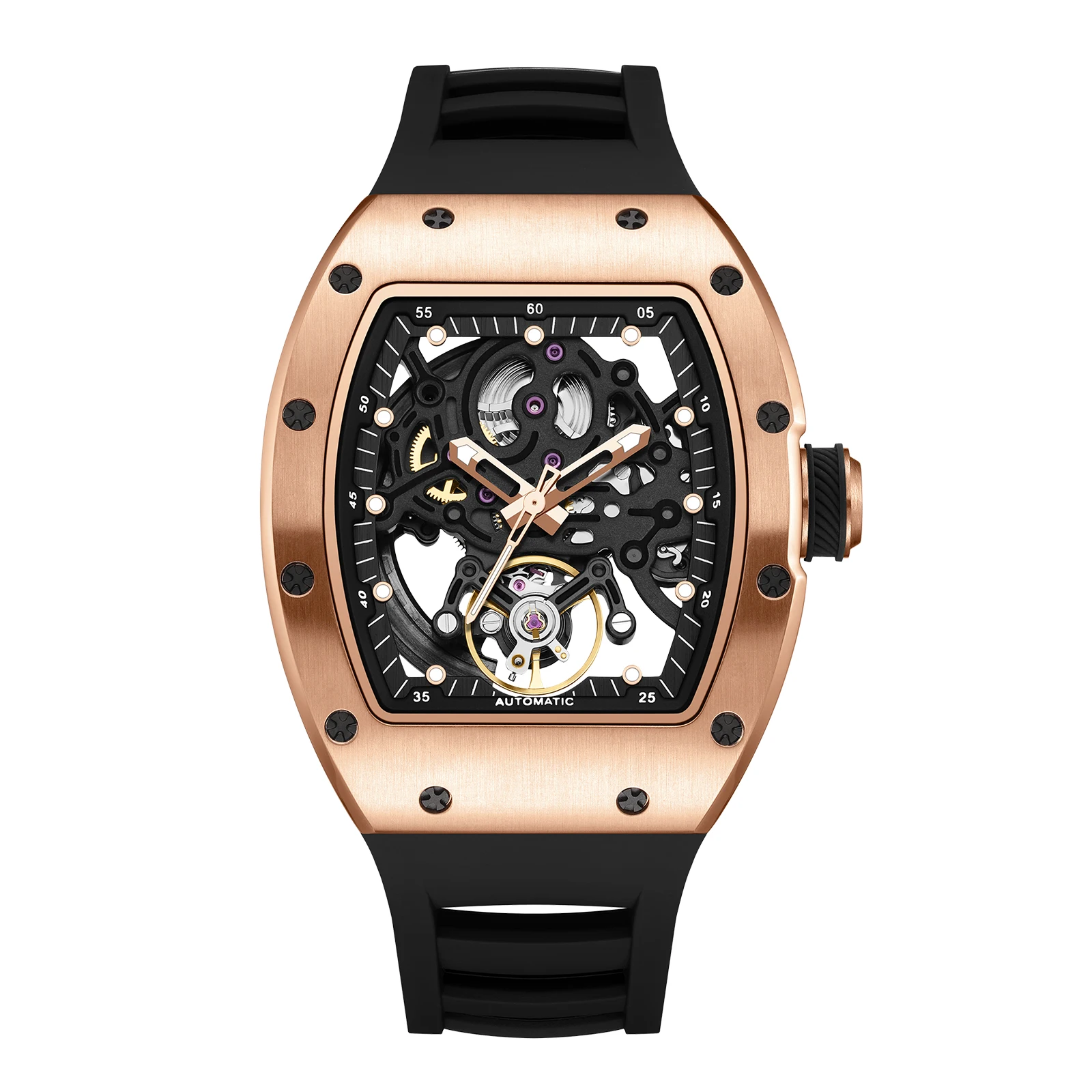 

High-End Waterproof Automatic Mechanical Watch with Genuine Silicone Strap And Stainless Steel Transparent Back Cover