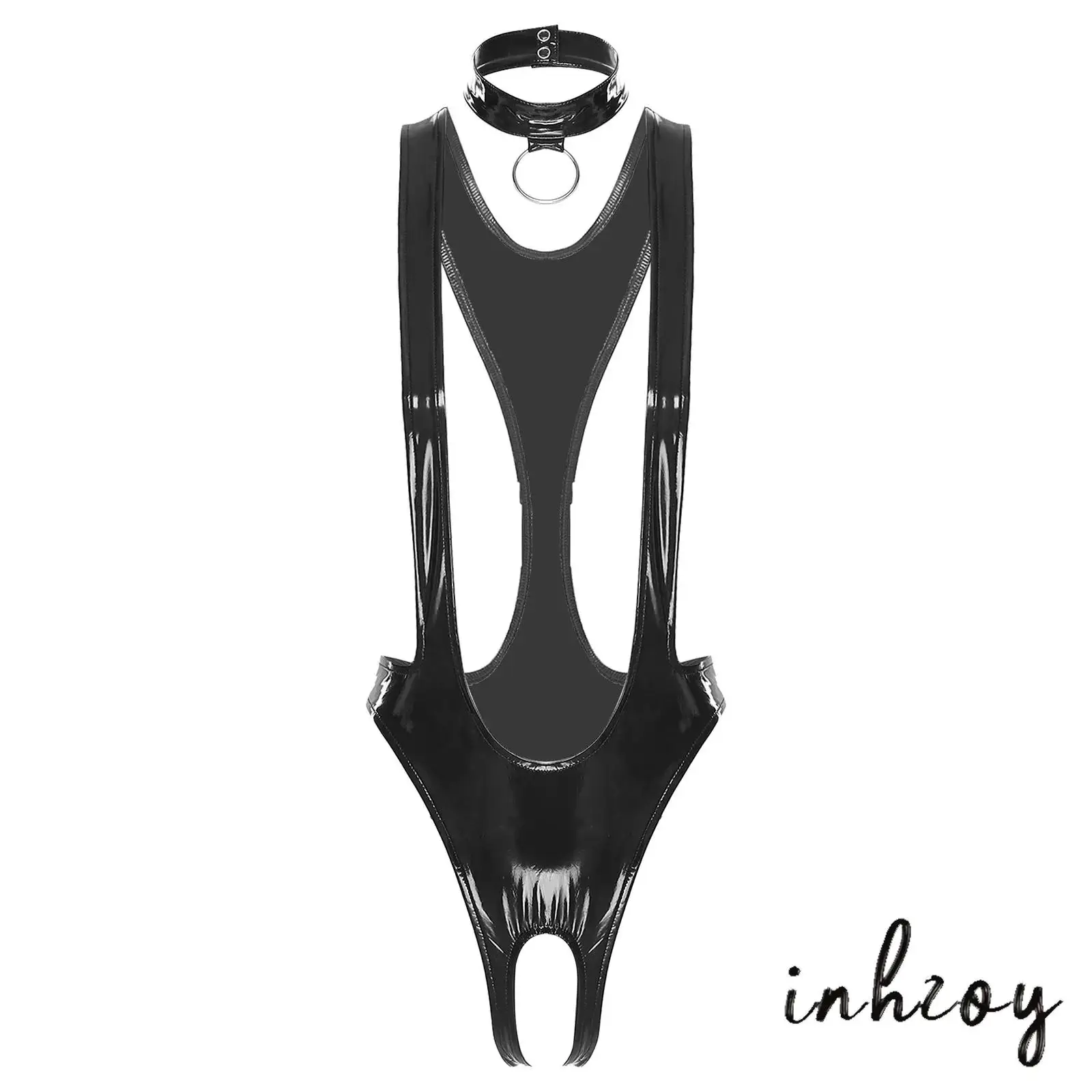 

Womens Sexy Glossy Patent Leather Bodysuit – Plunging V-Neck, Backless & Footed for A Bold Night Sissy One-Piece Lingerie Outfit