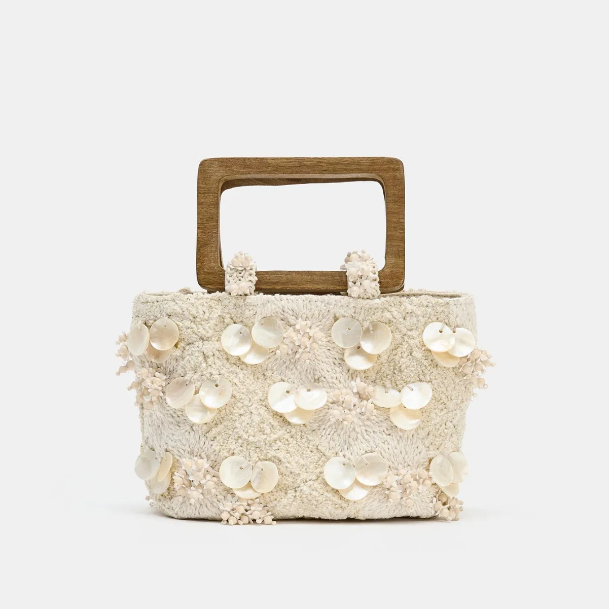 New niche design beaded embroidered flower shell wood handle handbag versatile vacation bucket bag dinner bag