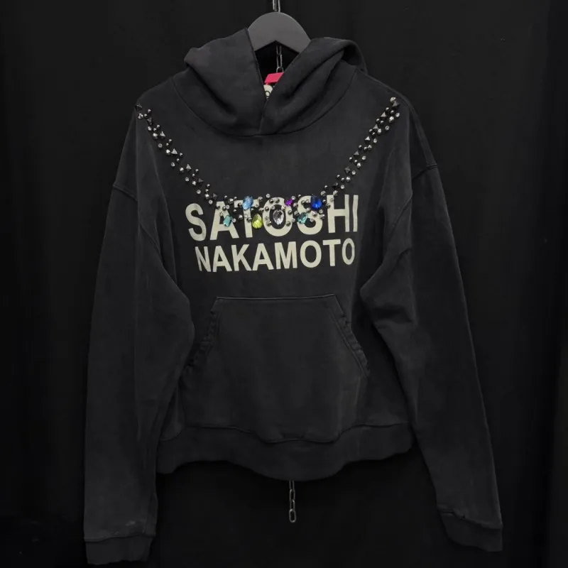 Color Rhinestone Necklace SATOSHI Hoodie Retro Distressed Washed Black Oversize Hood Sweatshirts Letter Print Men Women Outfit
