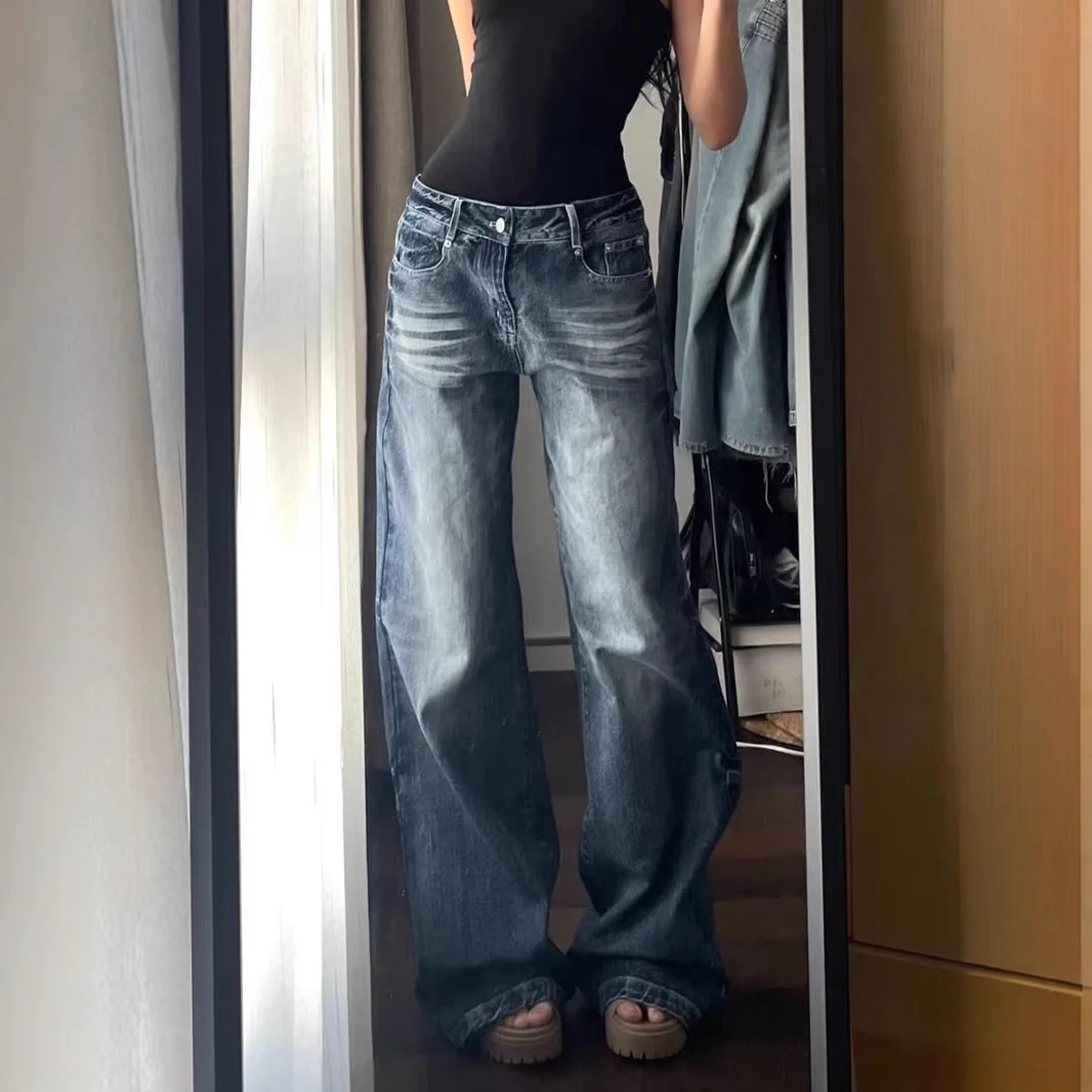 Foreign Fashion Design Retro Wide-leg Spring 2025 Straight Loose Washed Jeans