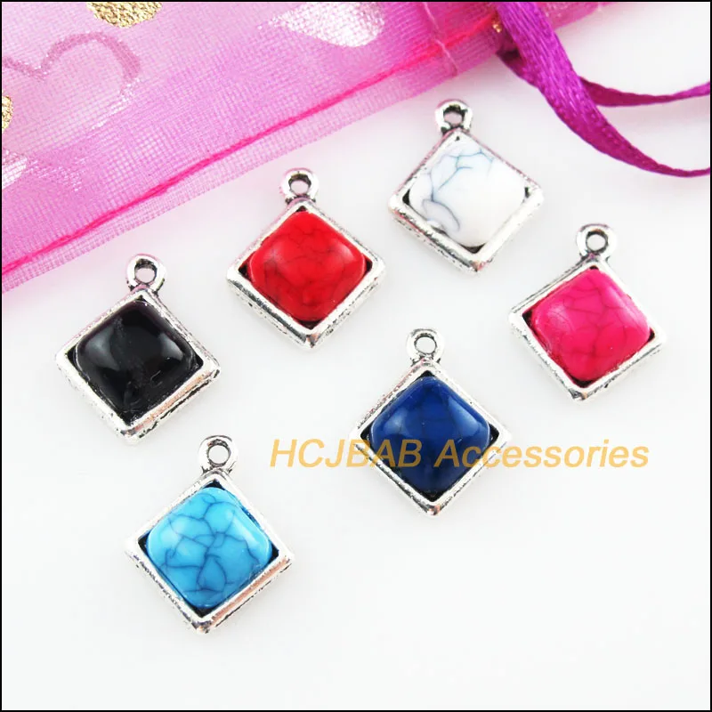 24Pcs Tibetan Silver Plated Square Mixed Stone Charms Pendant 13x16mm