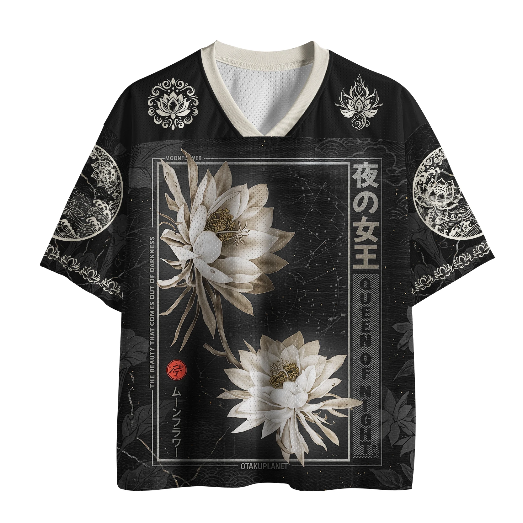 2026 Vintage Japanese Lotus Print Jersey Unisex Oversized V Neck Mesh Short Shirt Dark Floral Aesthetic Street Fashion Top