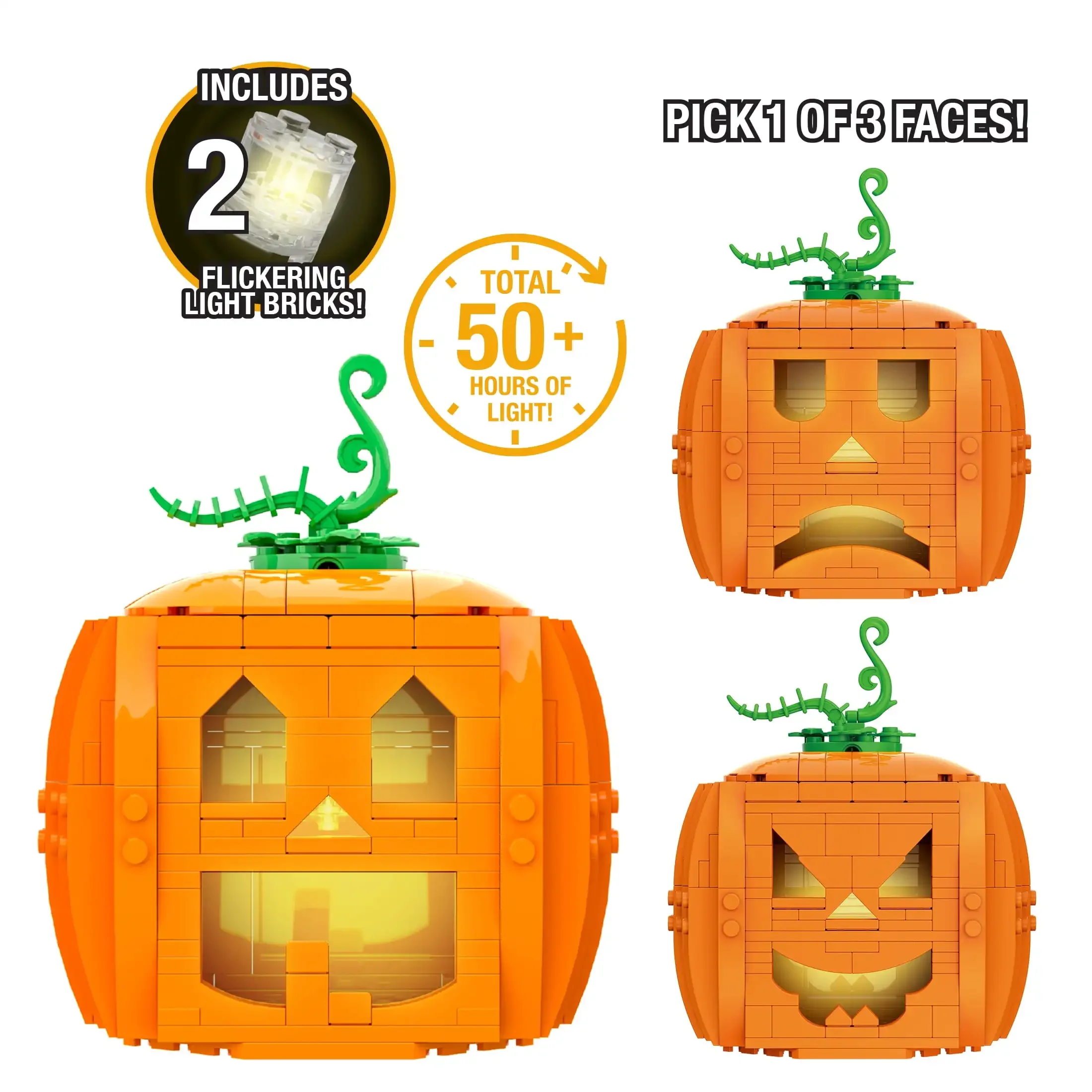 Creative Brick Pumpkin - 233 Pcs 3-Sided Jack-O-Lantern with LED Light, 13.7cm Halloween Build Kit for Family & Party Fun