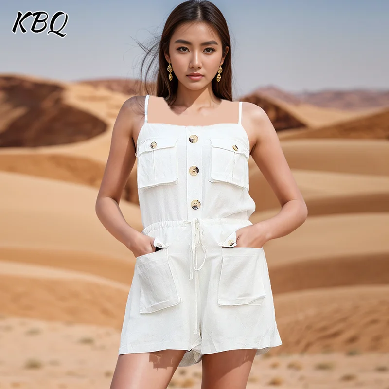 

KBQ Solid Patchwork Pockets Casual Jumpsuits For Women Square Collar Sleeveless High Waist Spliced Button Jumpsuits Female Style