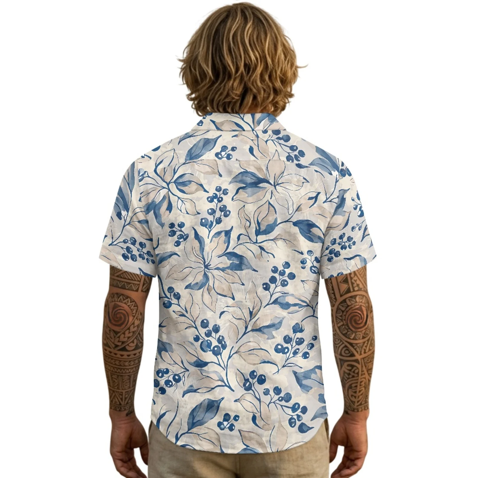 PENSTROLL Floral Berry Print Lightweight Men's Top for Beach Linen Style Short-Sleeve Hawaiian Shirt S-3XL