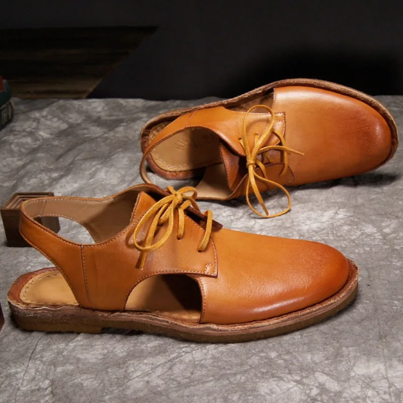 Vintage Cowhide Handmade Roman Sandals Men's Shoes Genuine Leather Comfortable Summer Casual Outdoor Beach Shoes Male