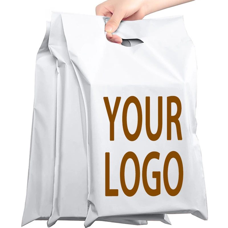 Custom Logo White Poly Mailers with Handle Mailing Bags Envelopes Easy to Carry Shipping Bags Thank You Hello Hey Self Adhesive