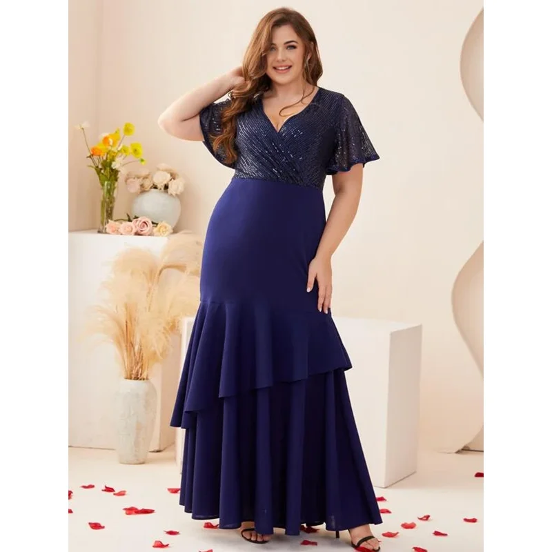 Summer Plus Size 4XL5XL Royal Blue Sequin Short Sleeve V Neck Dress Elegant Luxury Party Maxi Fishtail Dresses 2023 Plus Size