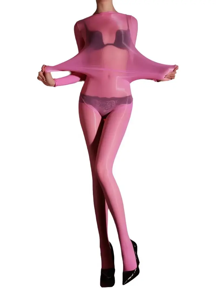 For 100KG Fake Two Piece Shiny Nylon Catsuit Bust Seamless Bodystocking Close Open Crotch Bodysuit Tights Leotard Conjoined Body