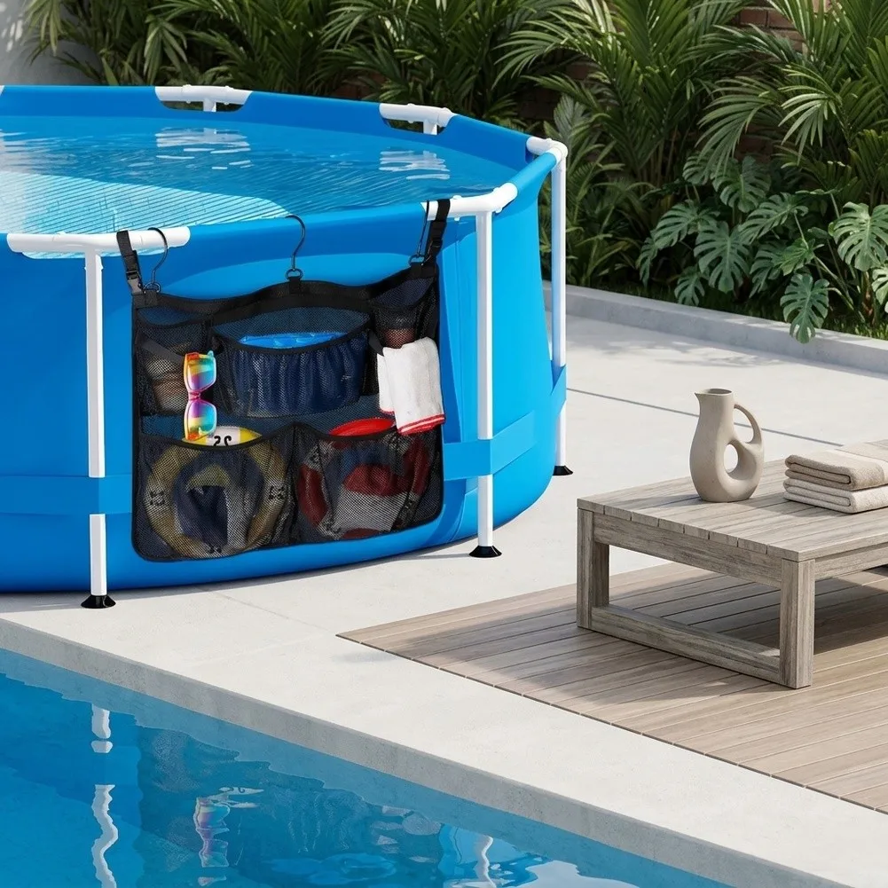 60x60cm Hanging Mesh Organizer for Pool Side PVC Storage Bag Towels Swim Gear Phones Keys Wallets Black Lightweight
