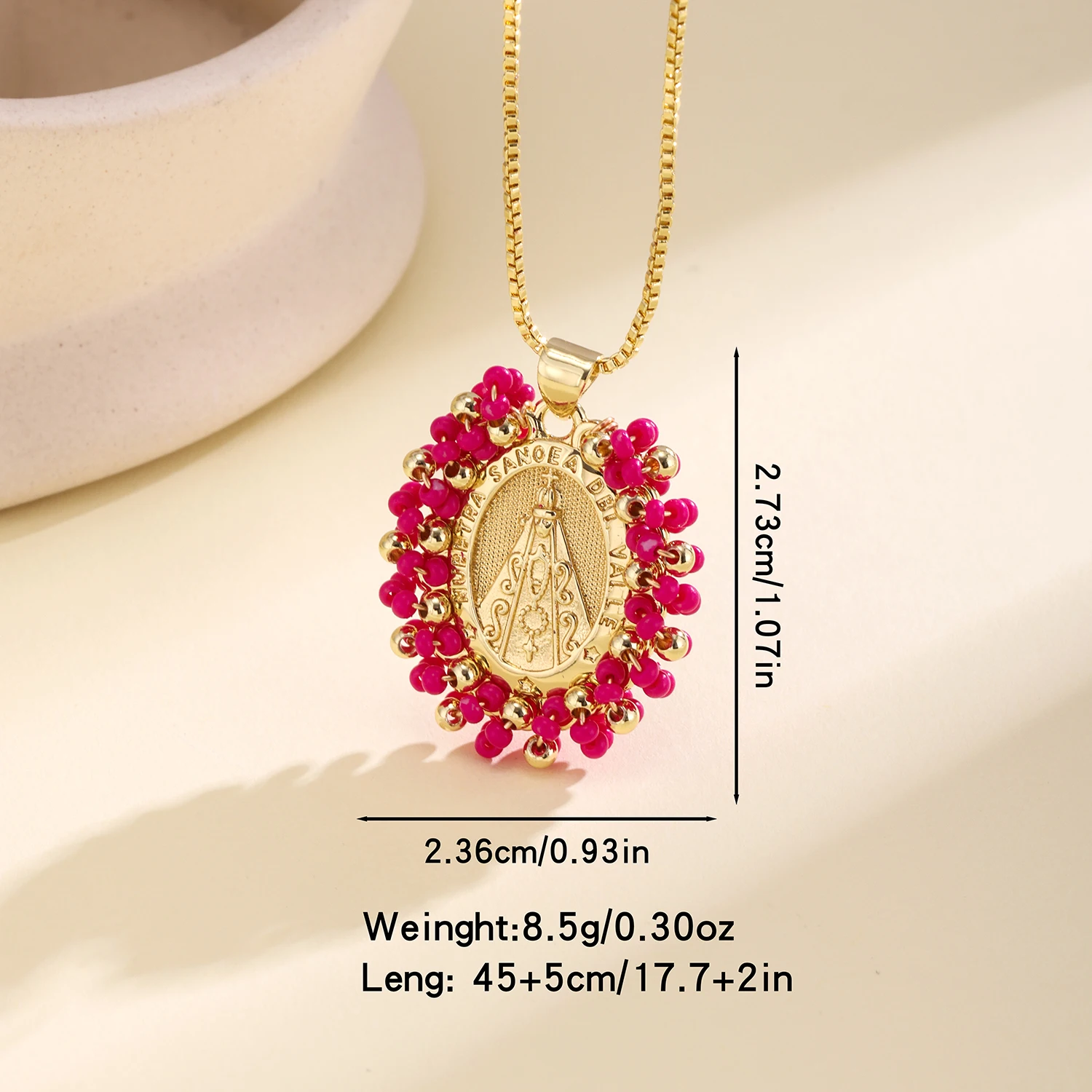 Nidin New Retro Virgin Mary Medal Necklace Copper Catholic Pendant With 4 Colors Beaded Frame Religious Style Jewelry For Women