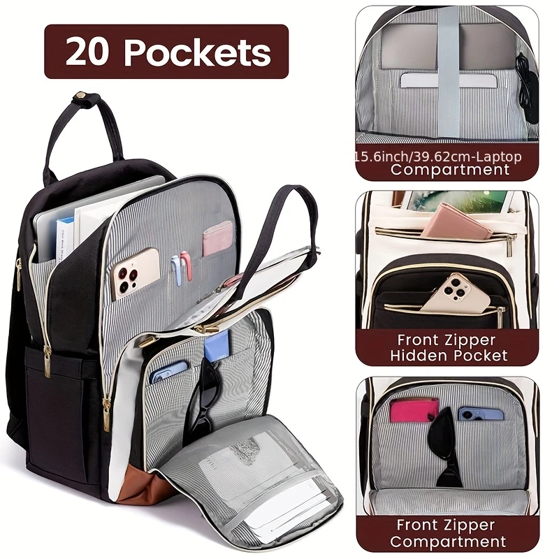 Women Two Tone Laptop Backpack, Water Resistant Cute Business Travel Bag with Gold Zippers Fits 15.6 Inch Notebook