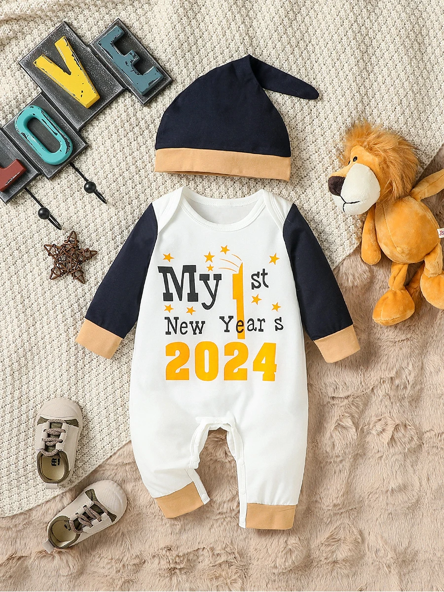 

Baby Unisex Long-Sleeve Letter All Seasons Japan&Korean Jumpsuit For Daily Wear+Hat