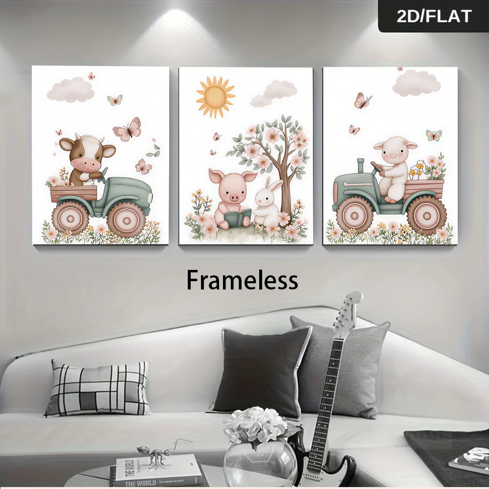 3PCS Large-sized frameless canvas paintings,1 set of three frameless decorative paintings featuring cute cows, pigs, sheep, rabb