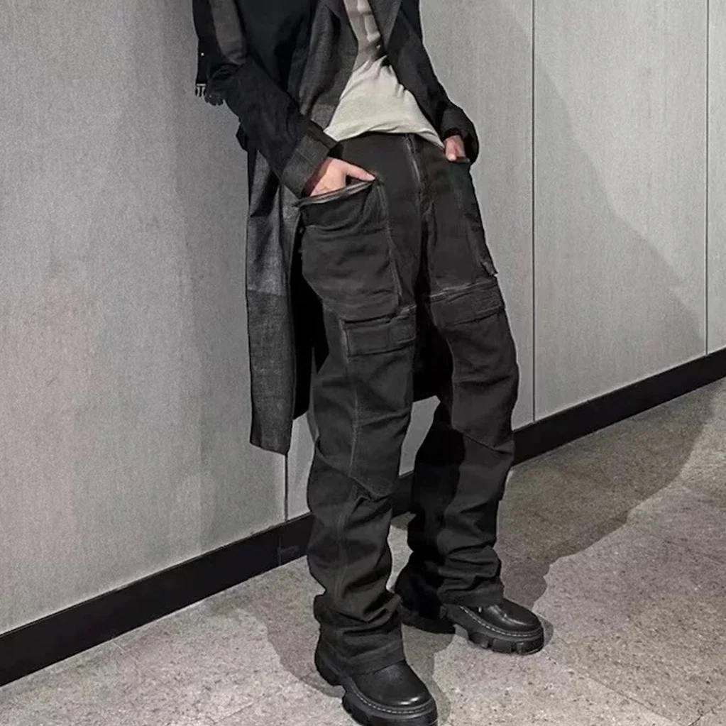 هاي ستريت غسلها جيوب جانبية قذرة فضفاض الجينز للرجال والنساء مستقيم Ropa Hombre البضائع السراويل المتضخم سراويل جينز