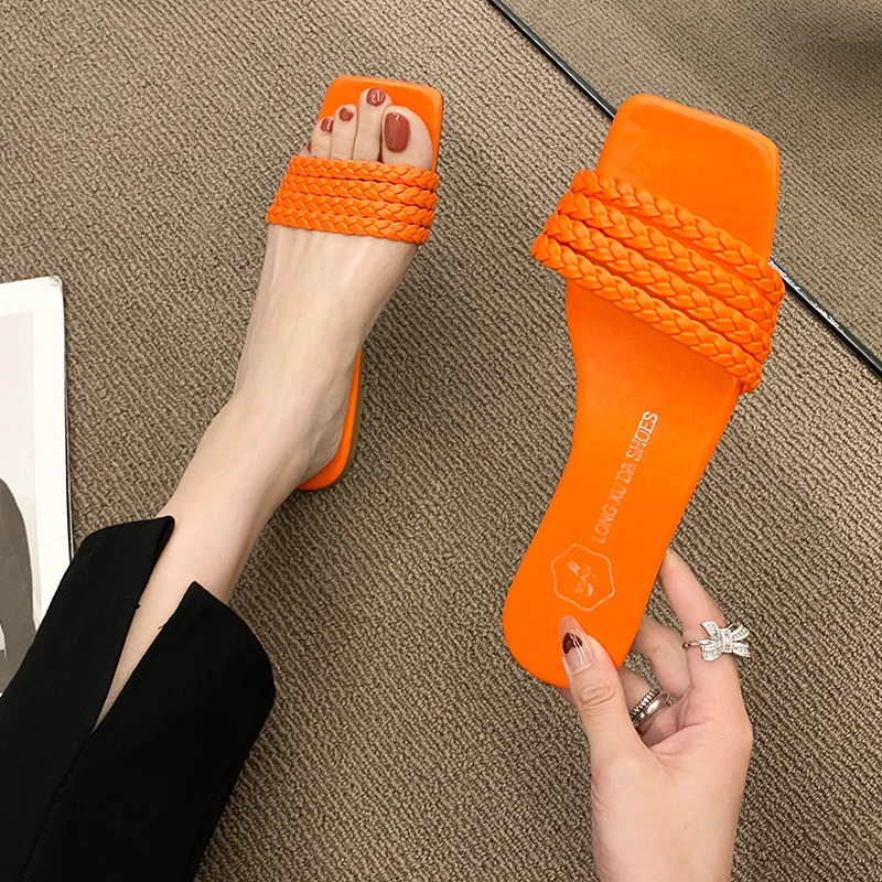 

Summer Shoes for Women 2023 Fashion Weaving Square Toe Flat Women's Sandals Outside Casual Beach Women Slipper Ladies Slides