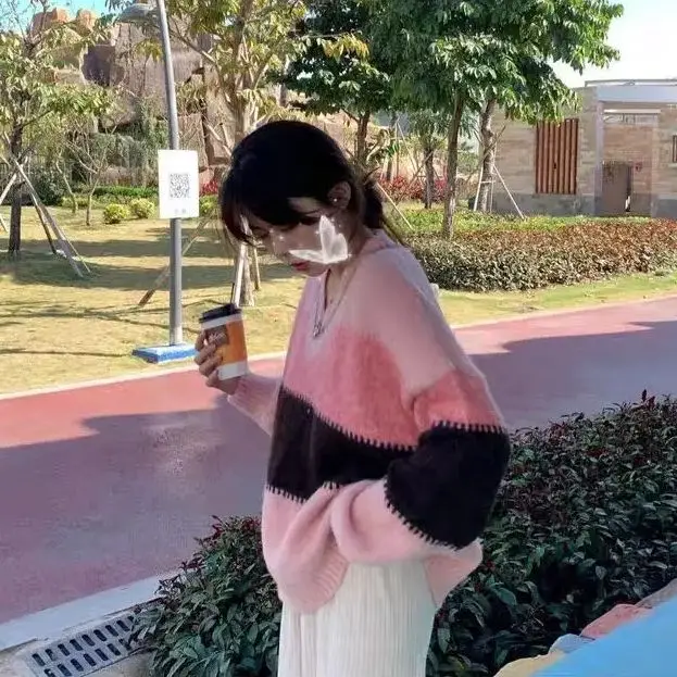 Winter Women Sweater Pullover Knit Jumpers Loose Striped Pull Jumpers Korean Style Knitwear Casual Top Cashmere Sweaters