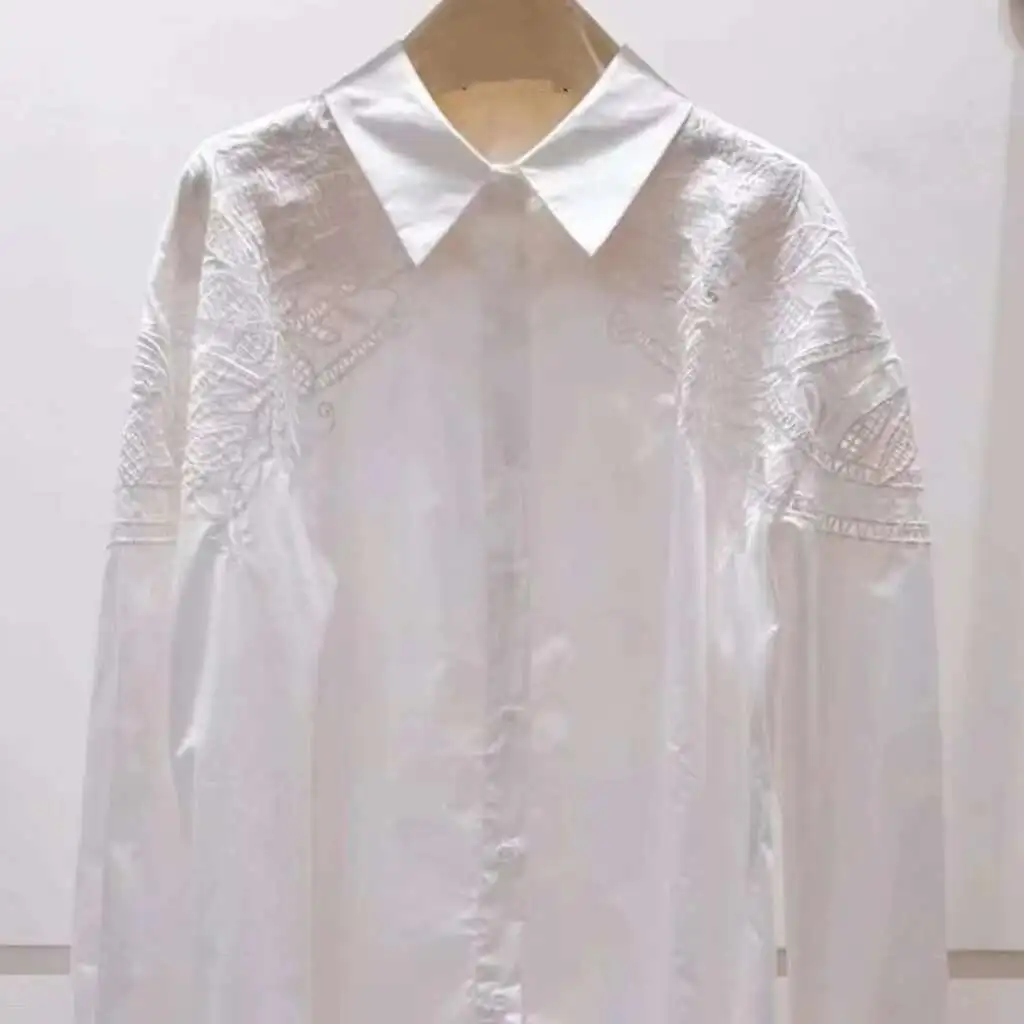 Nieuw in 2024 Herfst uitgehold borduurwerk katoenen shirts dames lange mouw losse casual halflange knoppen omhoog blouses dames top
