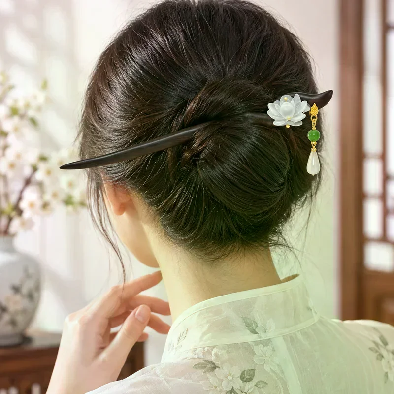 Chinese Style White Lotus Imitation Black Sandalwood Hair Stick, Vintage Fringe Wooden Hairpin, Hanfu Hair Accessory For Women