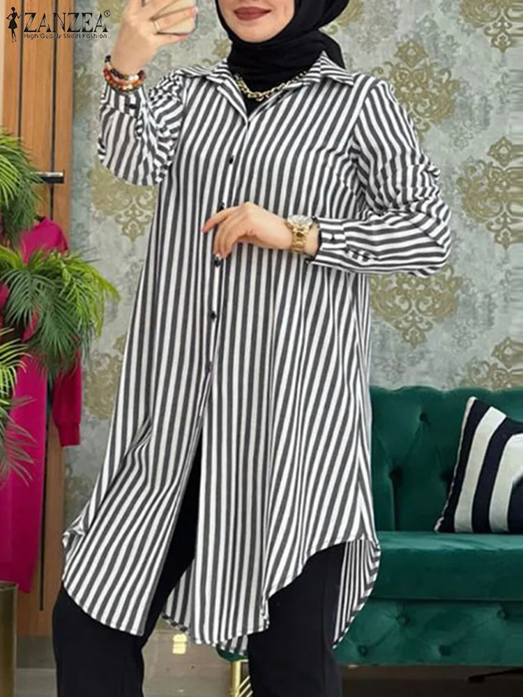 ZANZEA elegancka muzułmańska bluzka Abaya Casual Kaftan damska modna długie koszule Ramadan Eid Mubarak bluza damska bluza z długim rękawem