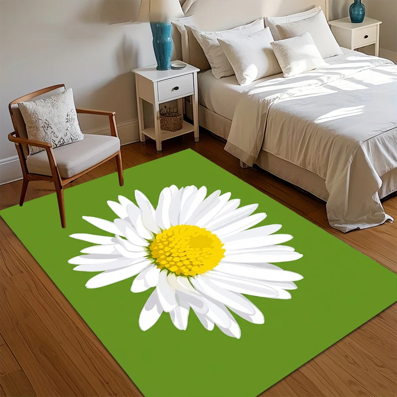 Frühlings-Blumenteppich mit Kräftigem Grünen Hintergrund und Weißem Gänseblümchen-Design, Rutschfester Waschbarer Teppich als Einweihungsgeschenk, Frische Dekoration
